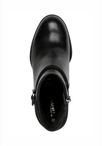 Mustad musta saapa, millel on sile nahk pealmine, ümmargune nina ja tekstuuriga kangas vooder, küljeviska ja hõbedane riistvara.