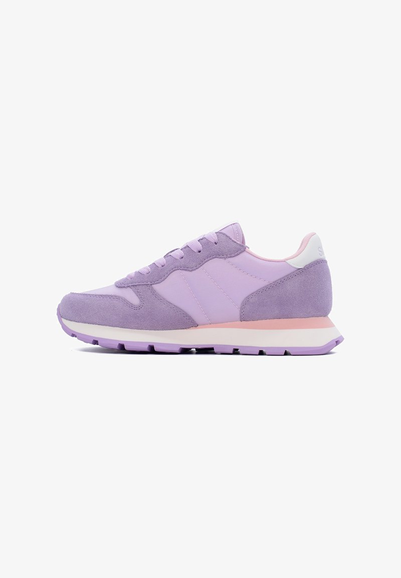 Purple sneaker featuring a combination of suede and synthetic upper, lace-up design, white and pink accents, and a rubber sole.