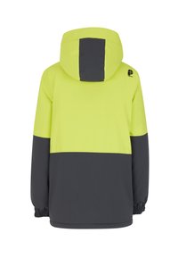 Veste haute visibilité avec une partie supérieure jaune vif et des sections inférieures grises foncées. Dispose d'une capuche et de poignets élastiques, fabriquée dans un matériau durable.