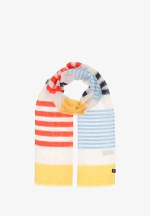 Leichtes Tuch mit horizontalen Streifen in Rot, Blau und Schwarz auf einem weißen Hintergrund, mit einem soliden gelben Rand am unteren Ende.