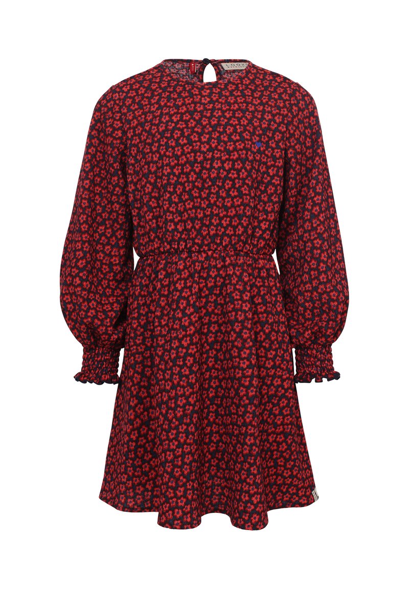 Rode en marineblauwe jurk met bloemmotief, lange puffmouwen, smockmouwen en een opening met een sleutelgat aan de achterkant. Geleefde rokontwerp.