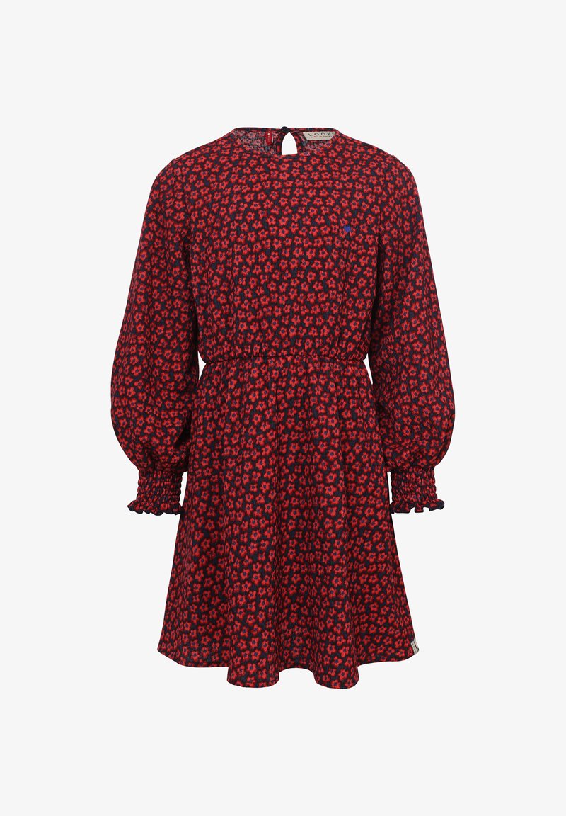 Rode en marineblauwe jurk met bloemmotief, lange puffmouwen, smockmouwen en een opening met een sleutelgat aan de achterkant. Geleefde rokontwerp.