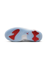 Biała podeszwa sportowa z przezroczystego niebieskiego gumowego materiału, z czerwonymi akcentami i logo. Unikalny design z widocznymi wzorami bieżnika.