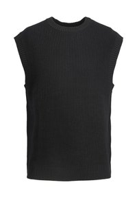 Schwarzer ärmelloser Strickpullover mit gerippter Textur, rundem Ausschnitt und geradem Saum. Bietet eine lockere Passform mit breiten Armausschnitten.