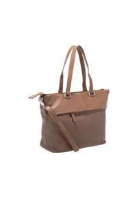 Borsa tote in pelle marrone con doppi manici e una tracolla rimovibile. Finitura testurizzata con chiusura a zip e dettagli di cucitura sottili.