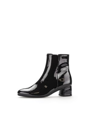 Bottines en cuir verni noir avec un bout pointu et un talon carré. Texture lisse avec une finition élégante et un design minimaliste.