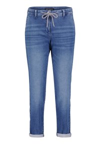Pantalones jogger de mezclilla en azul claro con cintura ajustable, puños enrollados y un desvanecimiento horizontal para dar textura. Cuenta con cintura elástica.
