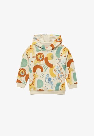 Sudadera con capucha para niños con estampados coloridos de leones, jirafas, cebras y tigres sobre un fondo crema.