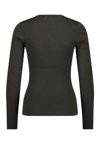 Mörkgrön långärmad ribbad tröja med rund hals, som har en figurnära design och slät textur.