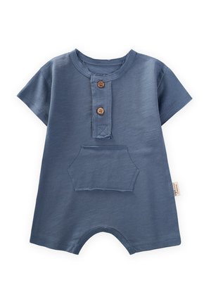 Jumpsuit en coton bleu à manches courtes avec une patte de boutonnage et une poche avant. Dispose de fermetures à pression en bas pour un habillage facile.