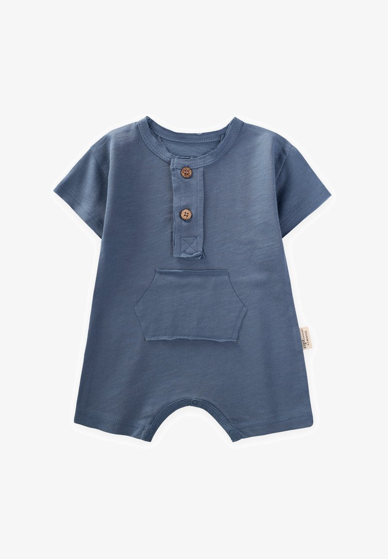 Modra bombažna enodelna oblačila s kratkimi rokavi, z zapenjanjem na gumb in sprednjim žepom. Ima pritisne gumbke na dnu za enostavno oblačenje.