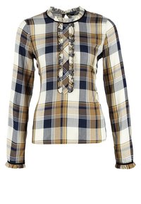 Blouse à manches longues en tartan beige, marine et marron. Caractéristiques : plastron froncé et poignets avec couture contrastante. Fabriquée en tissu tissé.