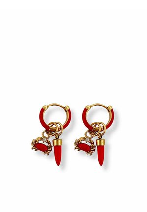 Gold and red hoop earrings with dangling red crab charms and red spike-shaped pendants on a white background.