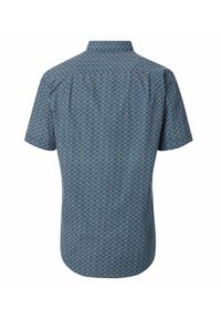 Korte mouwen shirt in het blauw met een geometrisch patroon, voorzien van een puntige kraag en details van rugplooien voor extra bewegingsvrijheid.