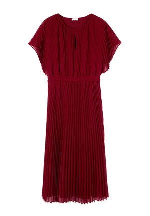 Mid-length burgundy pleated dress with flutter sleeves, round neckline, keyhole detail, and gathered elastic waistband.