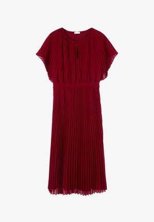 Abito plissettato color bordeaux di lunghezza media con maniche a svolazzo, scollo tondo, dettaglio a goccia e vita elasticizzata arricciata.