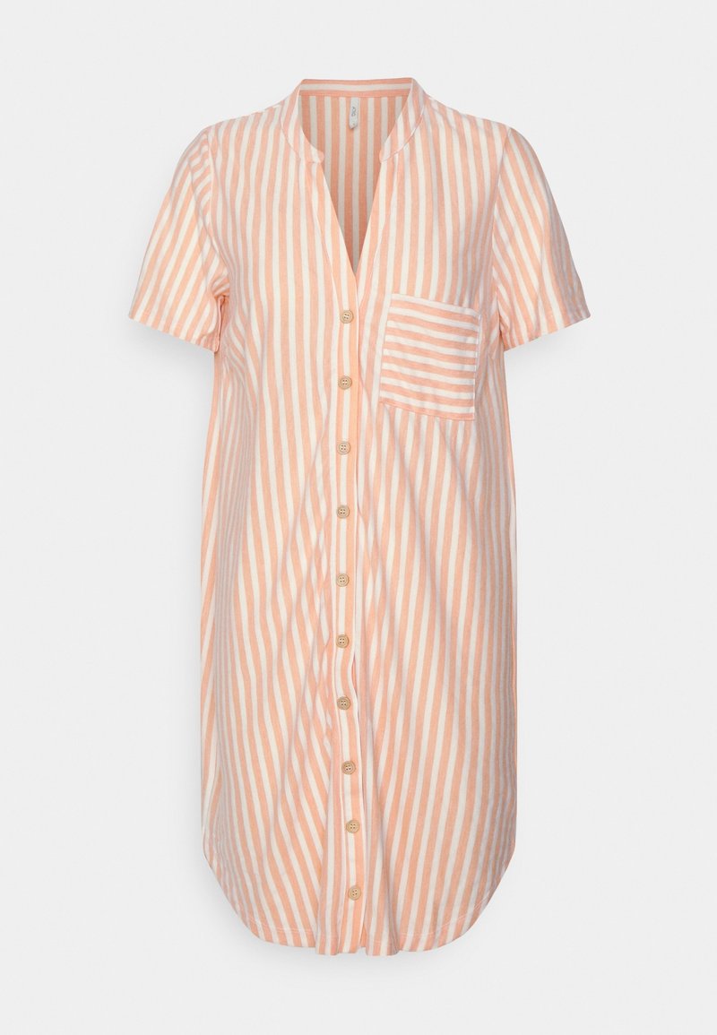 Robe à manches courtes en pêche clair et rayures blanches, dotée d'un bouton à l'avant, d'un col et d'une poche poitrine avec des rayures horizontales.