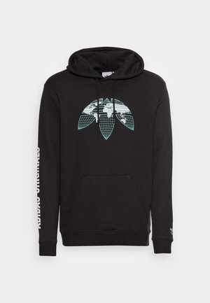 Černá mikina s kapucí s geometrickým designem inspirovaným globem v bílé a tyrkysové barvě na hrudi a bílým textem na pravém rukávu.