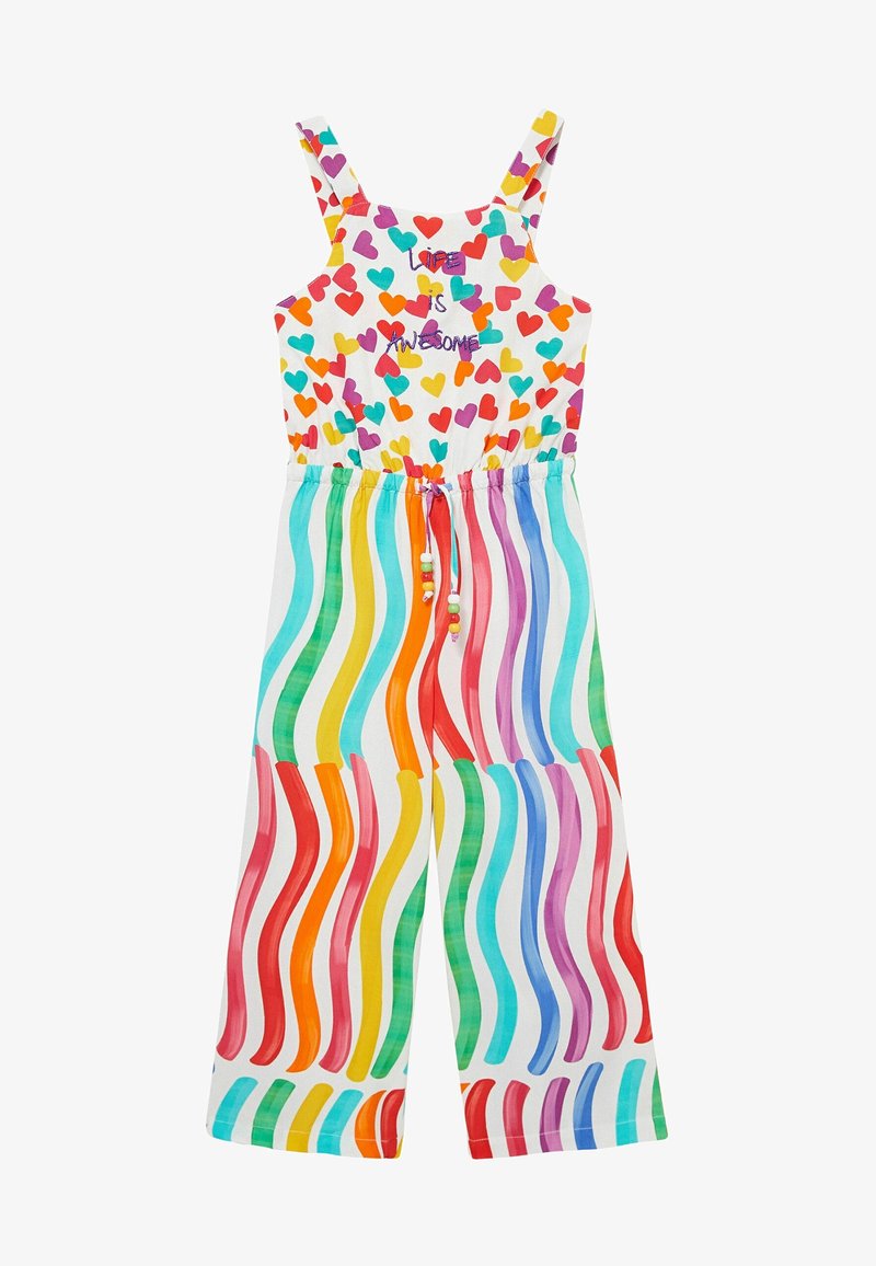 Wielokolorowy kombinezon z białym tłem, na którym znajdują się wzory serc oraz faliste paski w intensywnych kolorach na dole. Regulowane ramiączka.