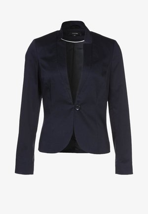 Námornícky modrý blazer vyrobený z hladkej látky, s jedním knoflíkem, klopovými límci a dlouhými rukávy s přiléhavým střihem.