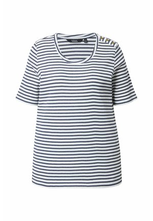 Weißes Kurzarmhemd mit dünnen, horizontalen, marineblauen Streifen und drei kleinen goldenen Knöpfen auf der linken Schulter.