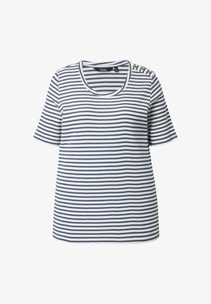 Weißes Kurzarmhemd mit dünnen, horizontalen, marineblauen Streifen und drei kleinen goldenen Knöpfen auf der linken Schulter.