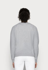 Sudadera gris con cuello redondo, mangas raglán y puños acanalados. Textura suave y diseño ligeramente ajustado. Vista posterior.