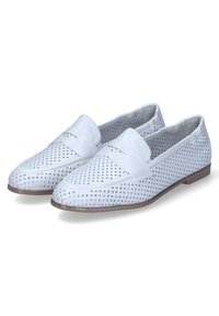 White loafers made of perforated leather with a smooth front panel. Flat sole and minimalistic design with square cutouts for ventilation.