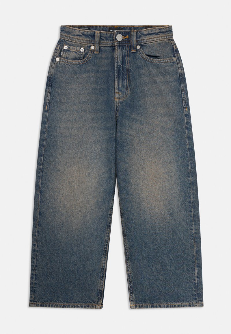 Dunkelblaue Jeans im lockeren Schnitt. Mit Knopfverschluss, fünf Taschen und sichtbar genähten Nähten.