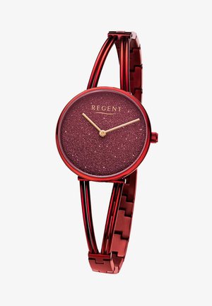 Montre-bracelet pour femme en métal rouge avec cadran rond scintillant, aiguilles dorées et bracelet élégant à double barre, marque "RECENT" sur le cadran.