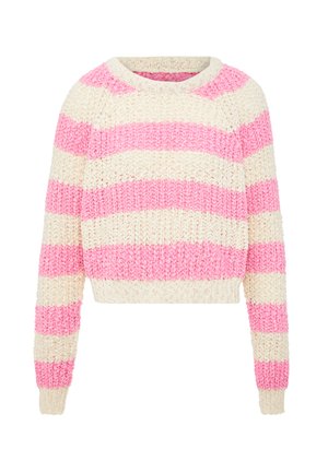 Maglione lavorato a maglia con ampie strisce alternate rosa e crema. Collo rotondo e vestibilità corta con maniche lunghe e polsini a coste.