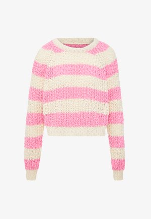 Strickpullover mit breiten, abwechselnd rosa und cremefarbenen Streifen. Rundhalsausschnitt und cropped Passform mit langen Ärmeln und gerippten Manschetten.