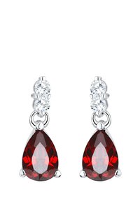Boucles d'oreilles en forme de goutte rouge avec une surface facettée, présentant deux accents circulaires transparents au-dessus, montées en métal argenté.