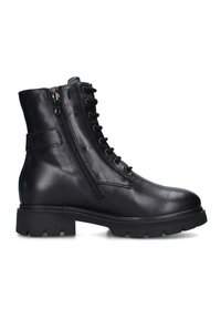 Bottine en cuir noir avec un bout rond, un laçage à l'avant, une fermeture éclair sur le côté et une semelle en caoutchouc épaisse avec un motif de bande de roulement texturé.