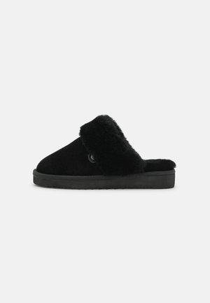 Sort slip-on tøfler med blødt pelsfor og en knapdetalje på siden, flad sål og lukket tå-design.