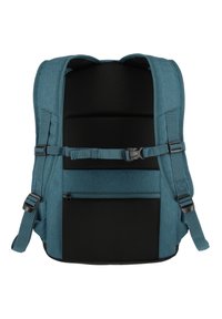 Zaino in tessuto teal con schienale in rete imbottito, spallacci regolabili e tasca frontale con zip. Cuciture rinforzate e hardware per una maggiore durata.