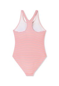 Én-delt badedragt med overlappende stropper, der har skiftende rosa og hvide striber. Glat stof med en tætsiddende design og ingen udsmykninger.