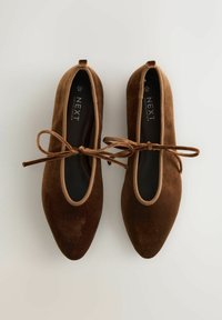 Brune flade ballet sko i velour med spidse tæer, der har en slank beige kant og en dekorativ sløjfe foran. Glat tekstur og minimalistisk design.