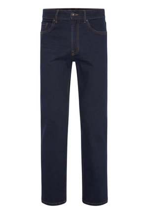 Dark blue denim jeans with a straight-leg design, contrast stitching, five-pocket styling, and a classic button closure at the waist.