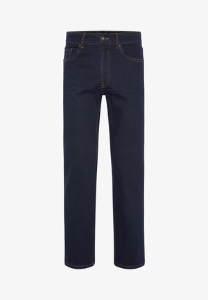 Dark blue denim jeans with a straight-leg design, contrast stitching, five-pocket styling, and a classic button closure at the waist.