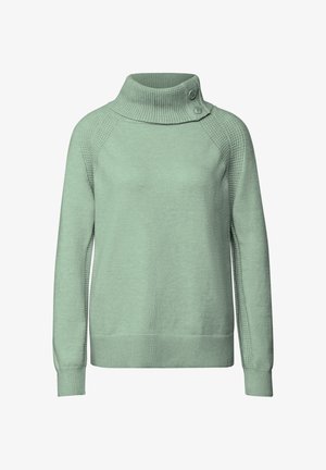 Miętowy sweter z wysokim kołnierzem, żebrowaną teksturą na kołnierzu i mankietach oraz dwoma guzikami na szyi. Miękka dzianina.