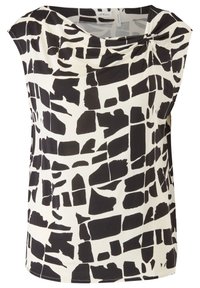 Ermeløs top med draperet halsudskæring, der har et sort-hvidt abstrakt mønster på en lys baggrund. Blødt stof med en glat tekstur.