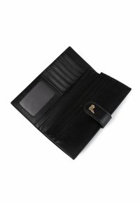 Czarny skórzany portfel z wieloma kieszeniami na karty, przezroczystym okienkiem na dowód tożsamości i złotym akcentem. Gładka faktura z zapięciem na klapkę.