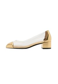 Bottines transparentes avec un capuchon et un talon métalliques dorés. L'empeigne est transparente, avec un talon bottier pour la stabilité et le confort.