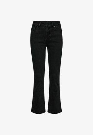 Jean noir évasé avec une taille mi-haute, fabriqué en denim. Dispose de poches avant et d'une fermeture à bouton. Texture lisse et coupe ajustée.