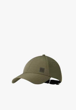 Gorra de béisbol verde oliva con orificios de ventilación en el lateral y correa negra ajustable en la parte trasera, con un pequeño parche con el logo de Buff.