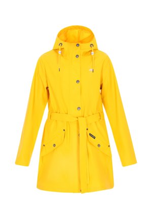 Žlutá nepromokavá rain jacket s kapucí, pásem v pase, patentkami a dvěma předními kapsami. Hladká textura, jednoduchý design, odolný materiál.