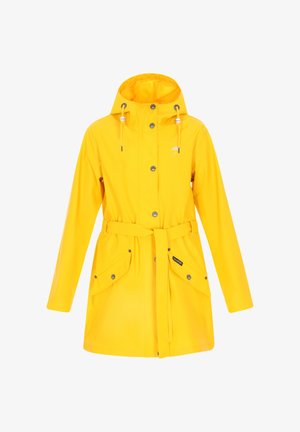 Dzeltena ūdensizturīga lietus jaka ar kapuci, ar jostu viduklī, pogām uz spiedpoga un divām priekšējām kabatām. Gluda tekstūra, vienkārša dizaina, izturīgs materiāls.