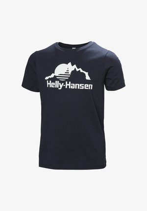 Camiseta de algodón azul marino con un gráfico en blanco de montaña y sol con el texto "Helly-Hansen" debajo. Diseño de mangas cortas y cuello redondo.