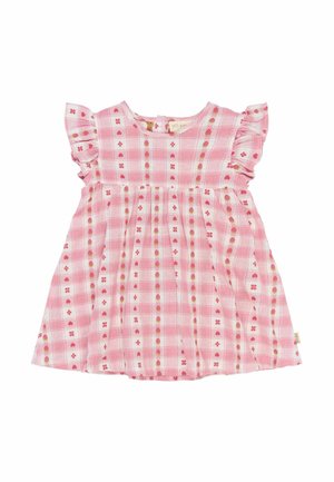 Rožinė langeliais suknelė su volanėlėmis, puošta mažų gėlių ir širdelių raštu. Pagaminta iš lengvos medžiagos, A formos silueto.